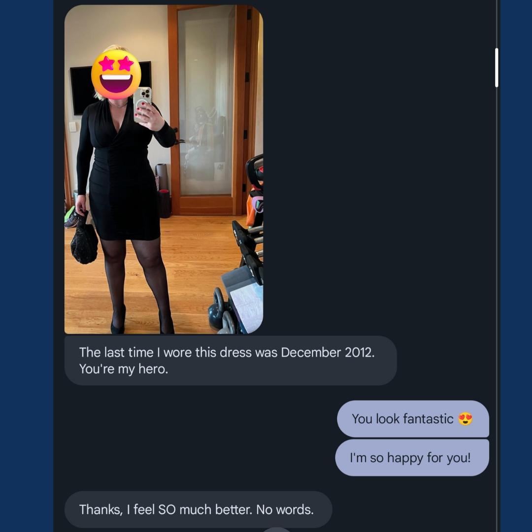 A text conversation with a lipedema patient who is now able to fit into clothing better.